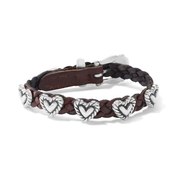 Brighton Bracelet Roped Heart Braid Bandit Bracelet Woven Leather Silver Hearts - Picture 1 of 7